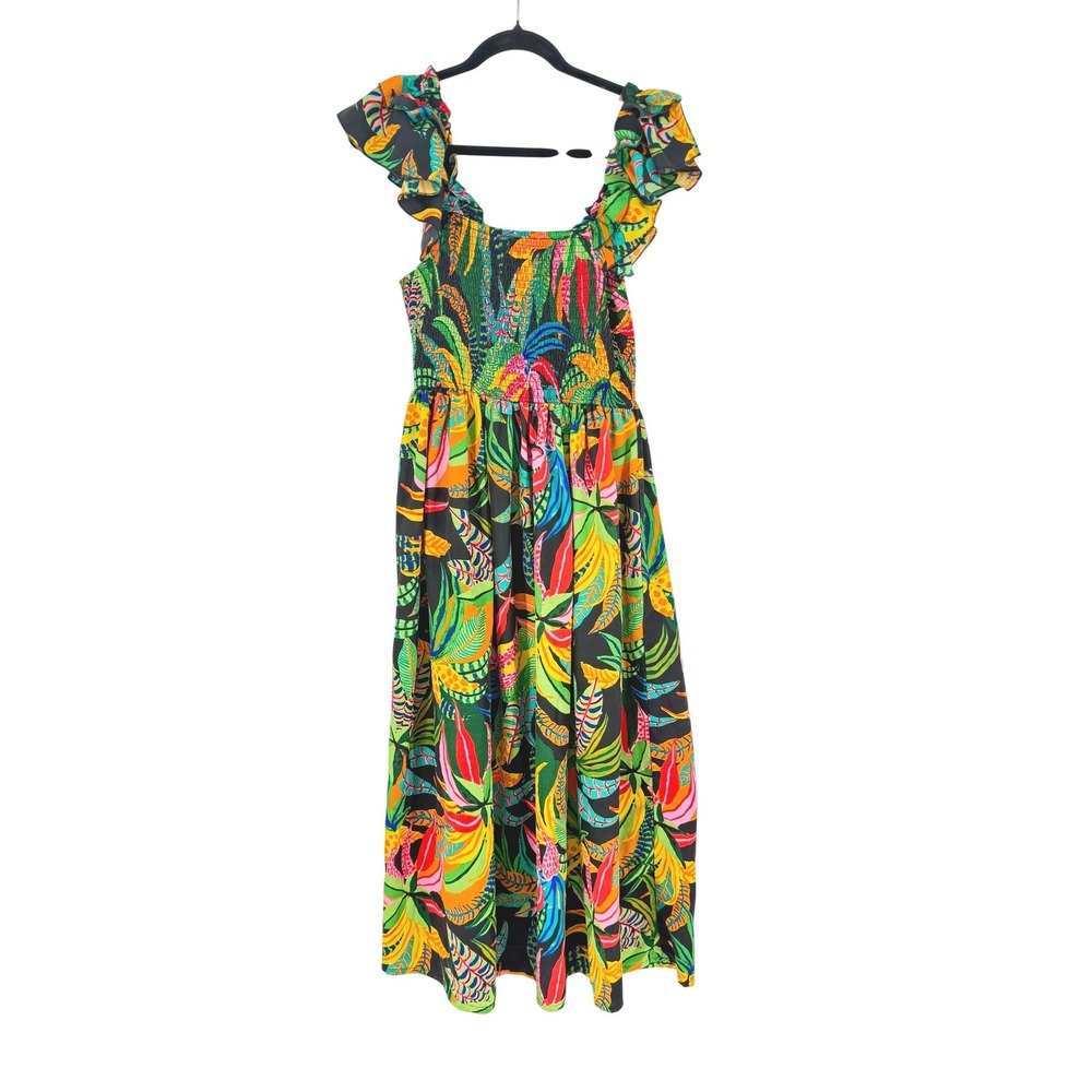 Womens Tropical Leaf Print Midi Dress Coquette Ruffle Bright Large Resort Vaca